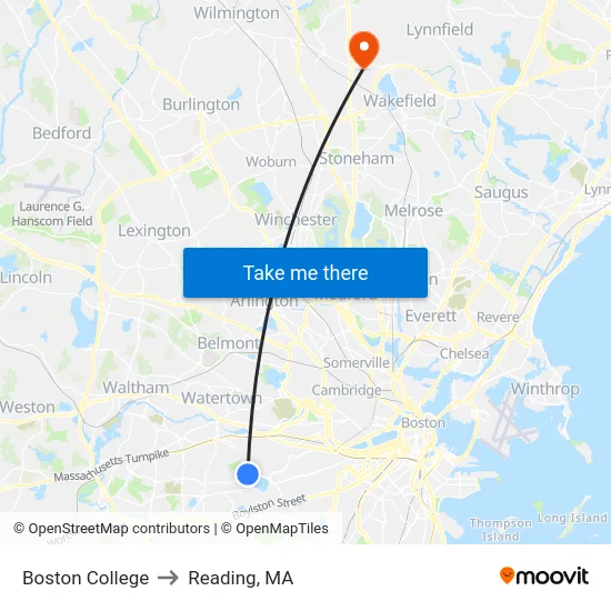 Boston College to Reading, MA map