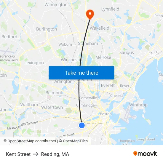 Kent Street to Reading, MA map