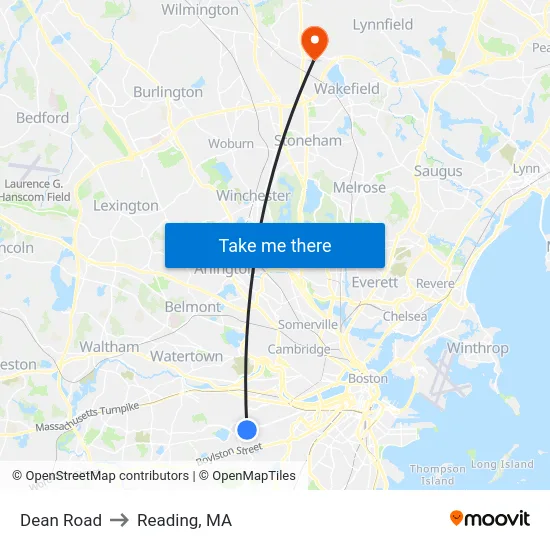 Dean Road to Reading, MA map