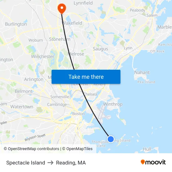 Spectacle Island to Reading, MA map