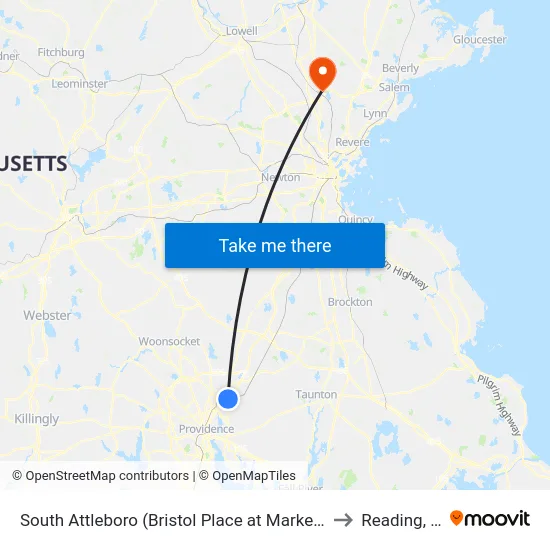 South Attleboro (Bristol Place at Market Basket) to Reading, MA map