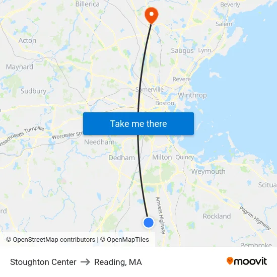 Stoughton Center to Reading, MA map