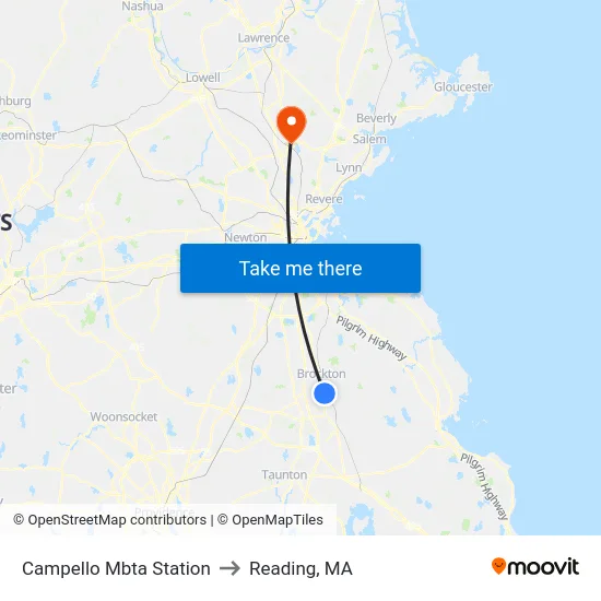 Campello Mbta Station to Reading, MA map