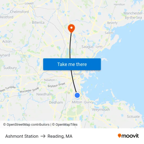 Ashmont Station to Reading, MA map