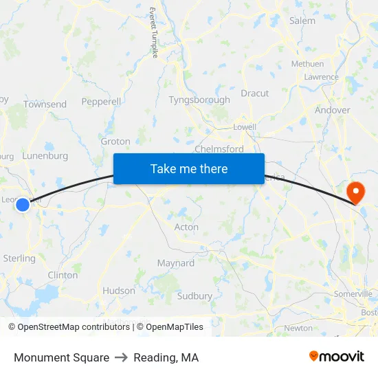 Monument Square to Reading, MA map