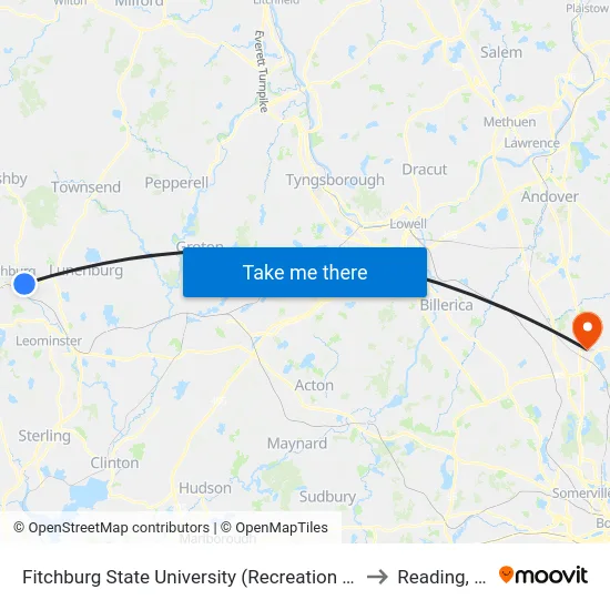 Fitchburg State University (Recreation Center) to Reading, MA map