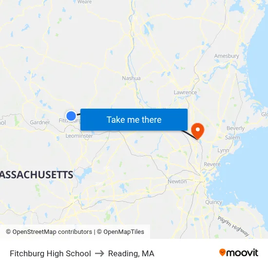 Fitchburg High School to Reading, MA map