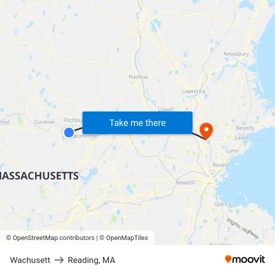 Wachusett to Reading, MA map