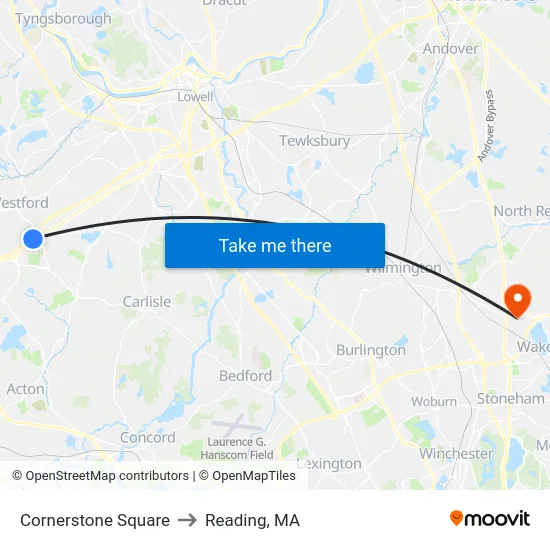 Cornerstone Square to Reading, MA map