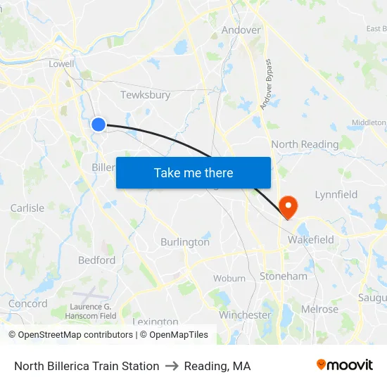North Billerica Train Station to Reading, MA map