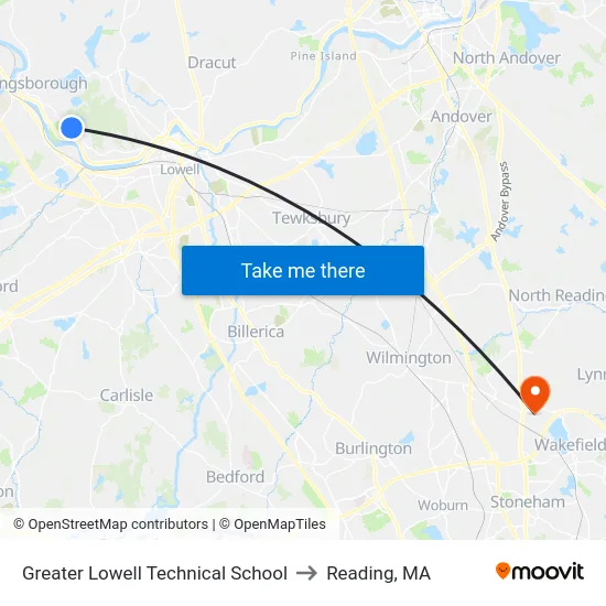 Greater Lowell Technical School to Reading, MA map
