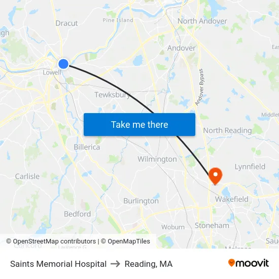 Saints Memorial Hospital to Reading, MA map