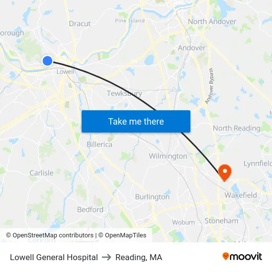 Lowell General Hospital to Reading, MA map