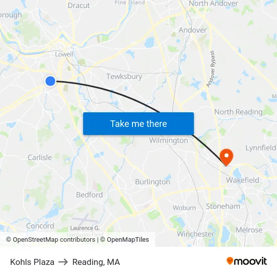 Kohls Plaza to Reading, MA map