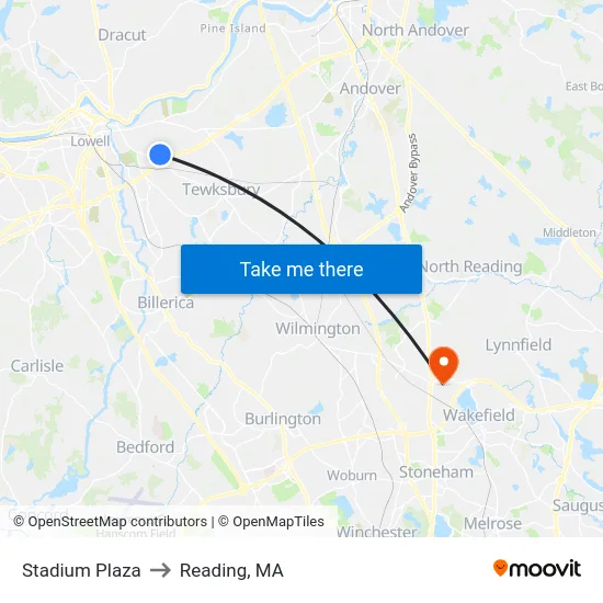 Stadium Plaza to Reading, MA map
