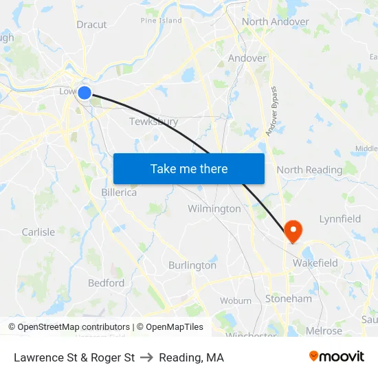Lawrence St & Roger St to Reading, MA map