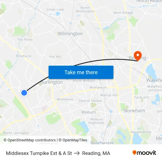 Middlesex Turnpike Ext & A St to Reading, MA map