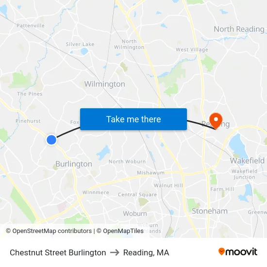 Chestnut Street Burlington to Reading, MA map