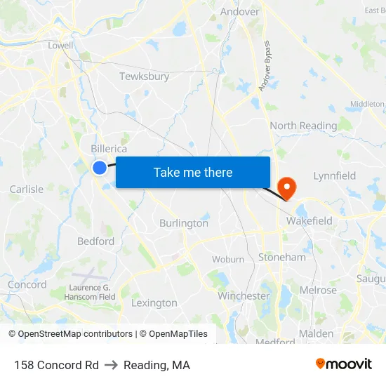 158 Concord Rd to Reading, MA map