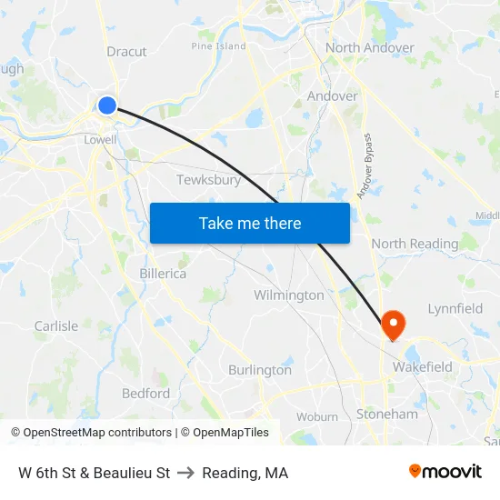 W 6th St & Beaulieu St to Reading, MA map