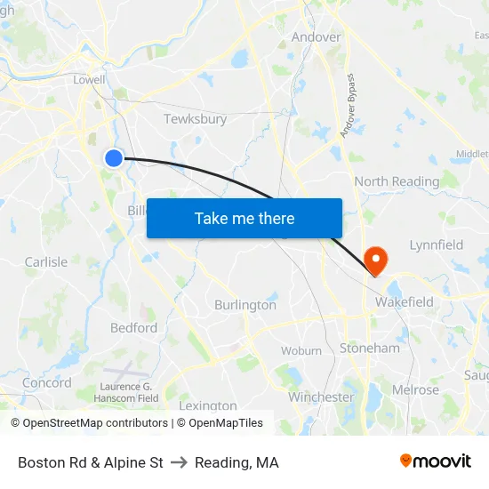 Boston Rd & Alpine St to Reading, MA map