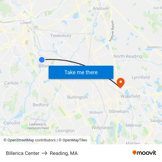 Billerica Center to Reading, MA map