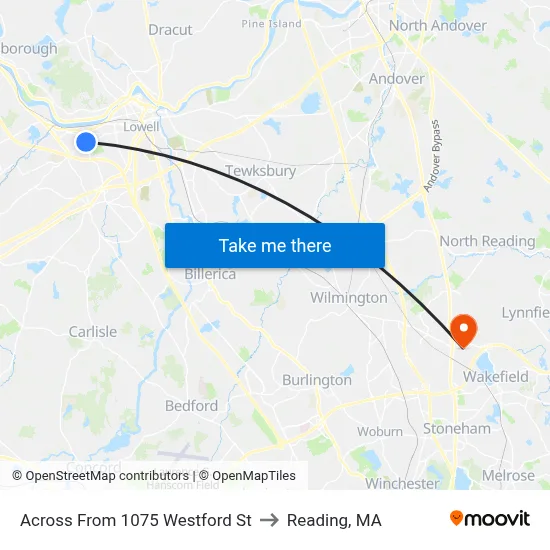 Across From 1075 Westford St to Reading, MA map