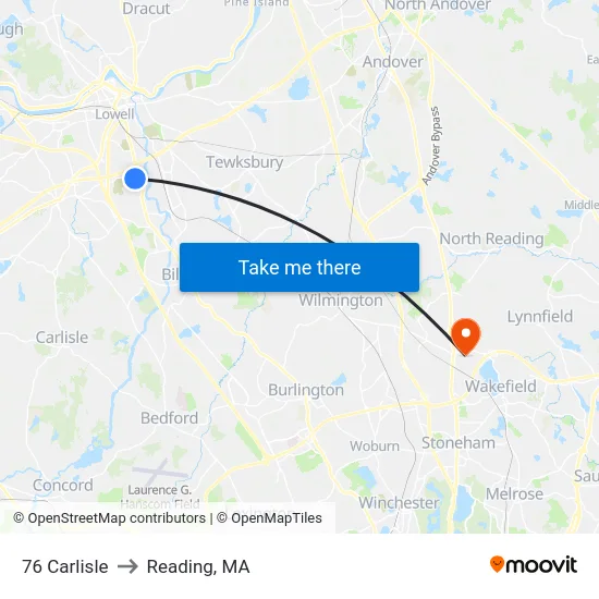 76 Carlisle to Reading, MA map
