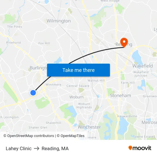 Lahey Clinic to Reading, MA map