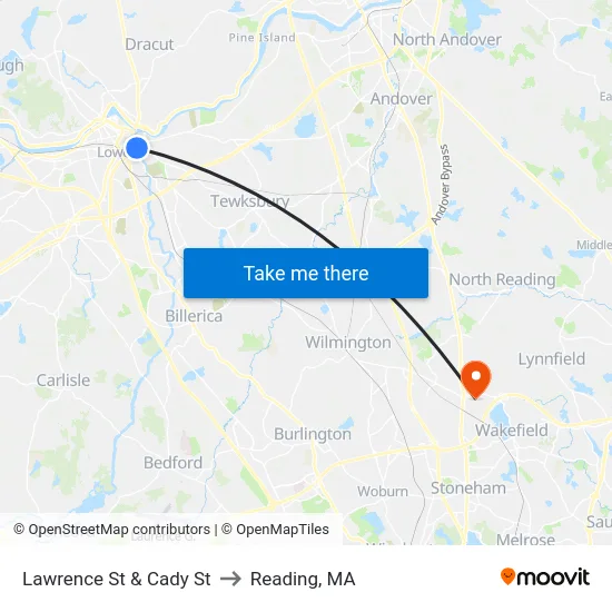 Lawrence St & Cady St to Reading, MA map