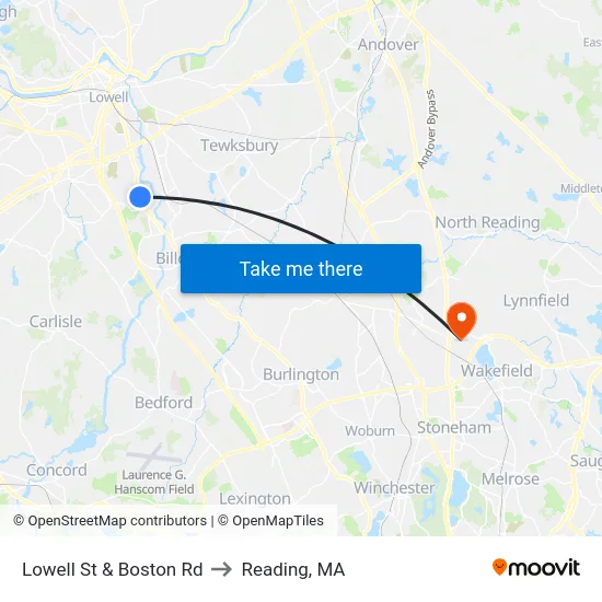 Lowell St & Boston Rd to Reading, MA map