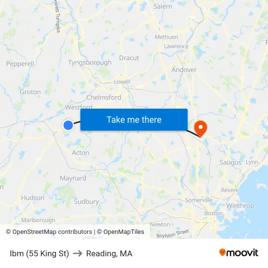 Ibm (55 King St) to Reading, MA map