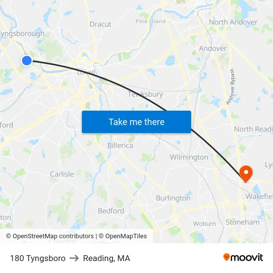 180 Tyngsboro to Reading, MA map