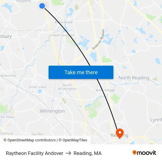 Raytheon Facility Andover to Reading, MA map