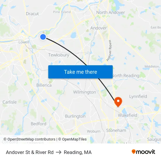 Andover St & River Rd to Reading, MA map