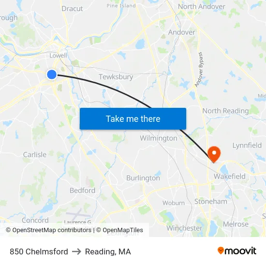 850 Chelmsford to Reading, MA map