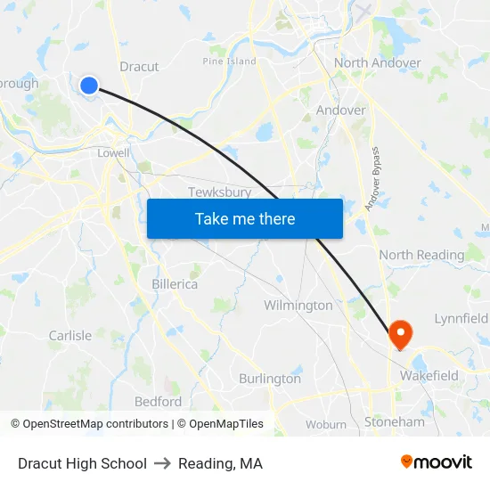 Dracut High School to Reading, MA map