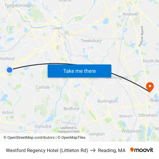 Westford Regency Hotel (Littleton Rd) to Reading, MA map