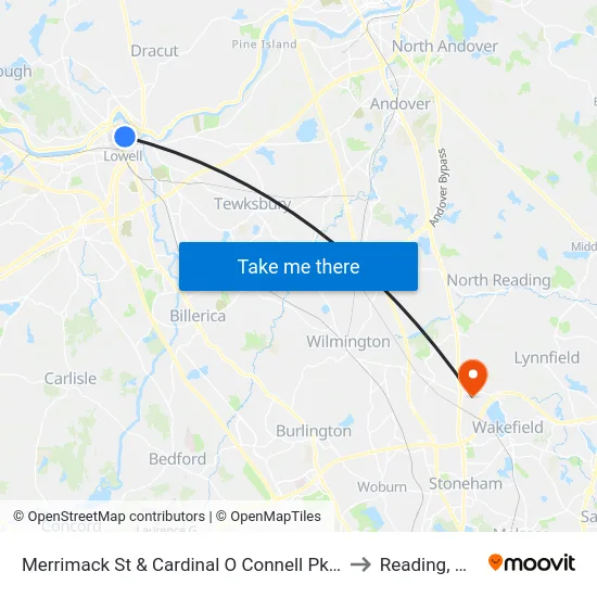 Merrimack St & Cardinal O Connell Pkwy to Reading, MA map