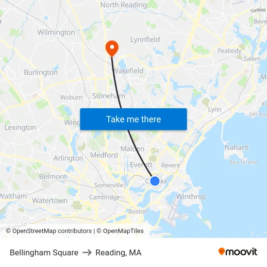 Bellingham Square to Reading, MA map