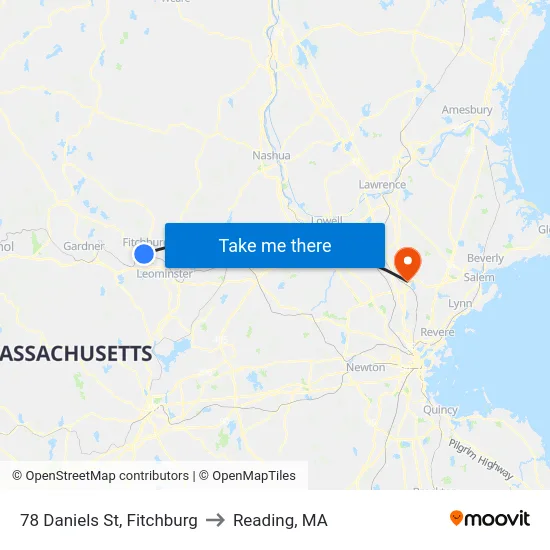 78 Daniels St, Fitchburg to Reading, MA map
