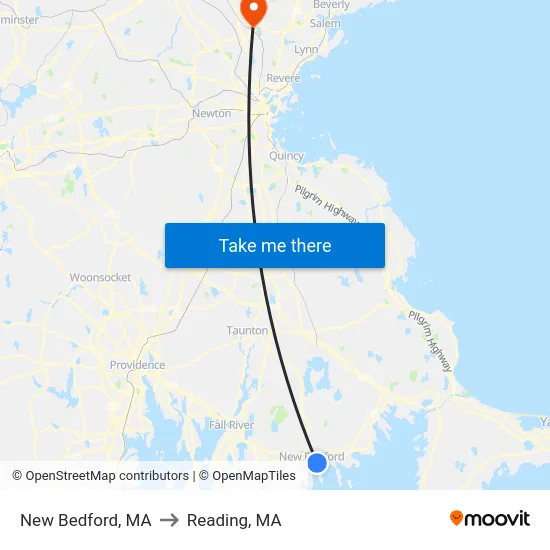 New Bedford, MA to Reading, MA map
