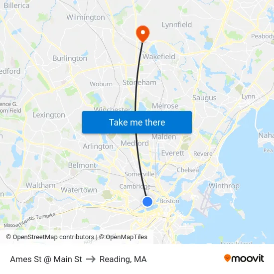 Ames St @ Main St to Reading, MA map