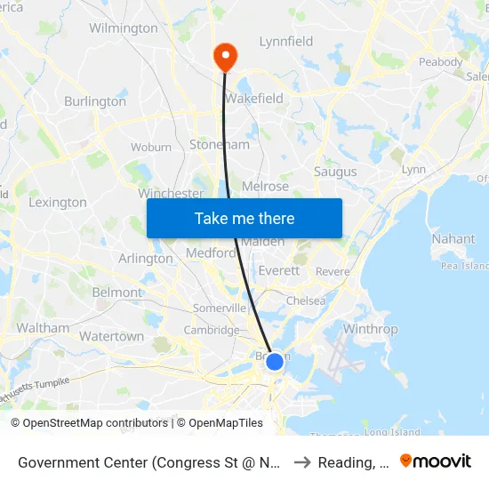 Government Center (Congress St @ North St) to Reading, MA map