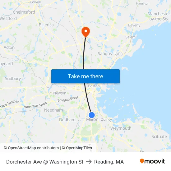 Dorchester Ave @ Washington St to Reading, MA map