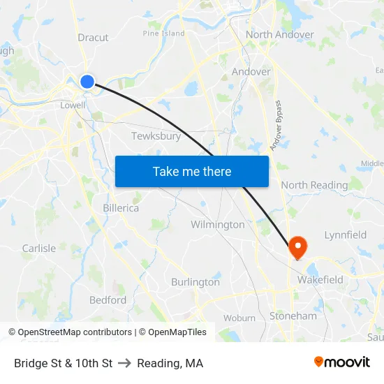 Bridge St & 10th St to Reading, MA map