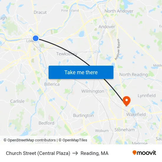 Church Street (Central Plaza) to Reading, MA map