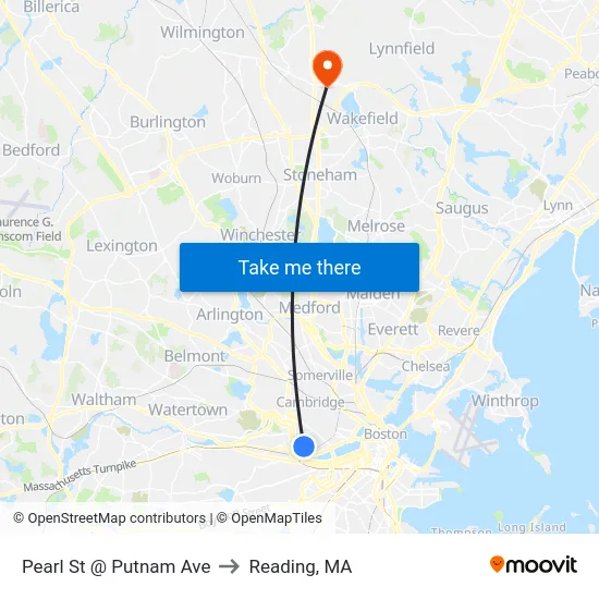Pearl St @ Putnam Ave to Reading, MA map