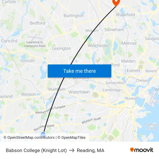 Babson College (Knight Lot) to Reading, MA map