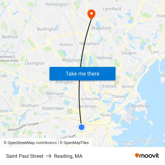 Saint Paul Street to Reading, MA map